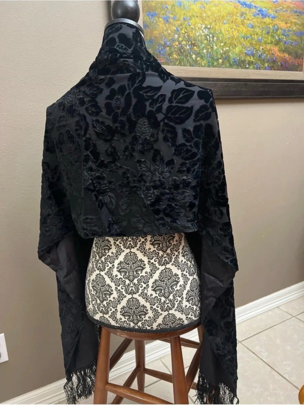 Black Velvet Floral Fringe Shawl